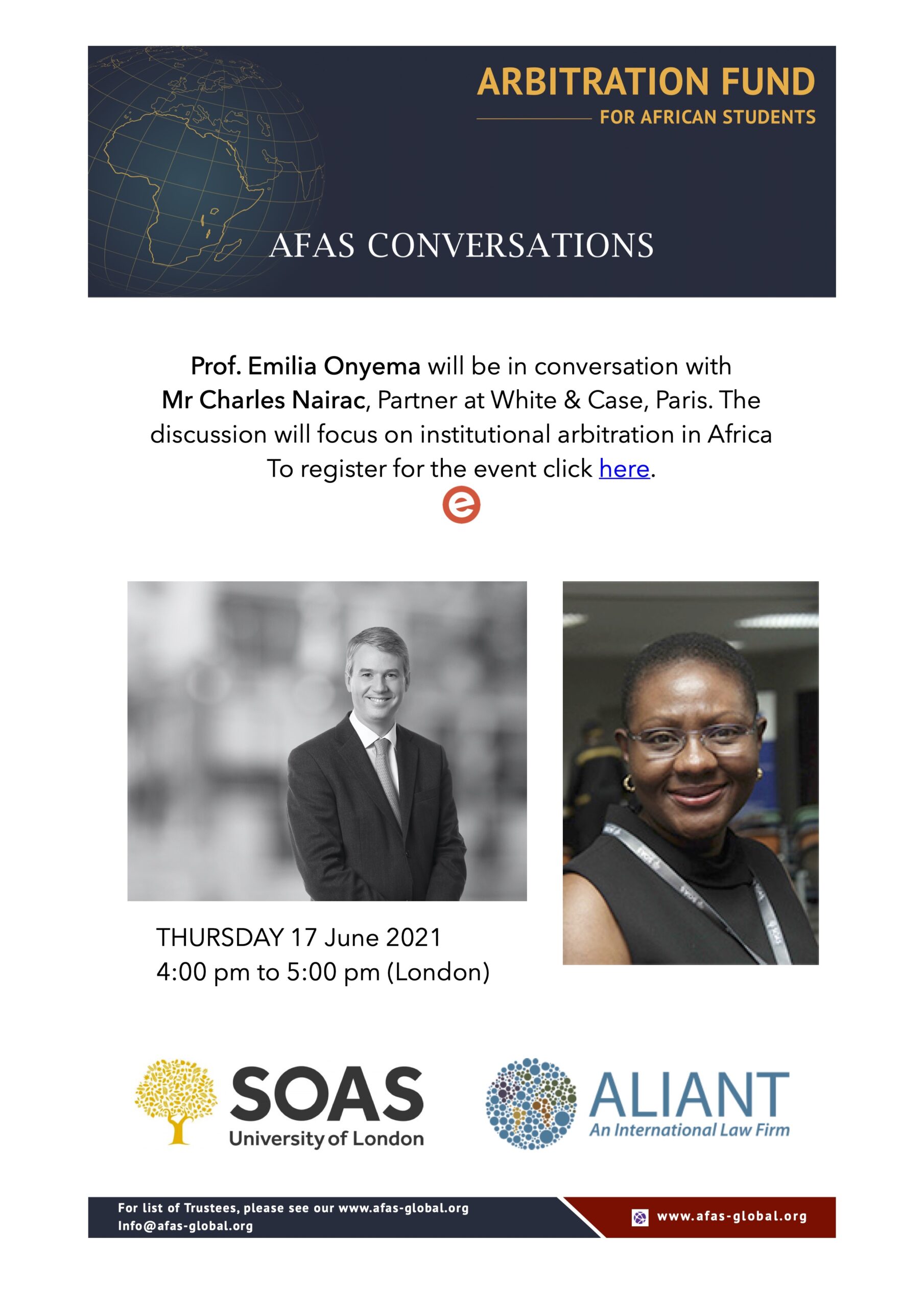 17 June: Prof Emilia Onyema will be in conversation with Mr Charles Nairac, Partner at White & Case with focus on institutional arbitration in Africa