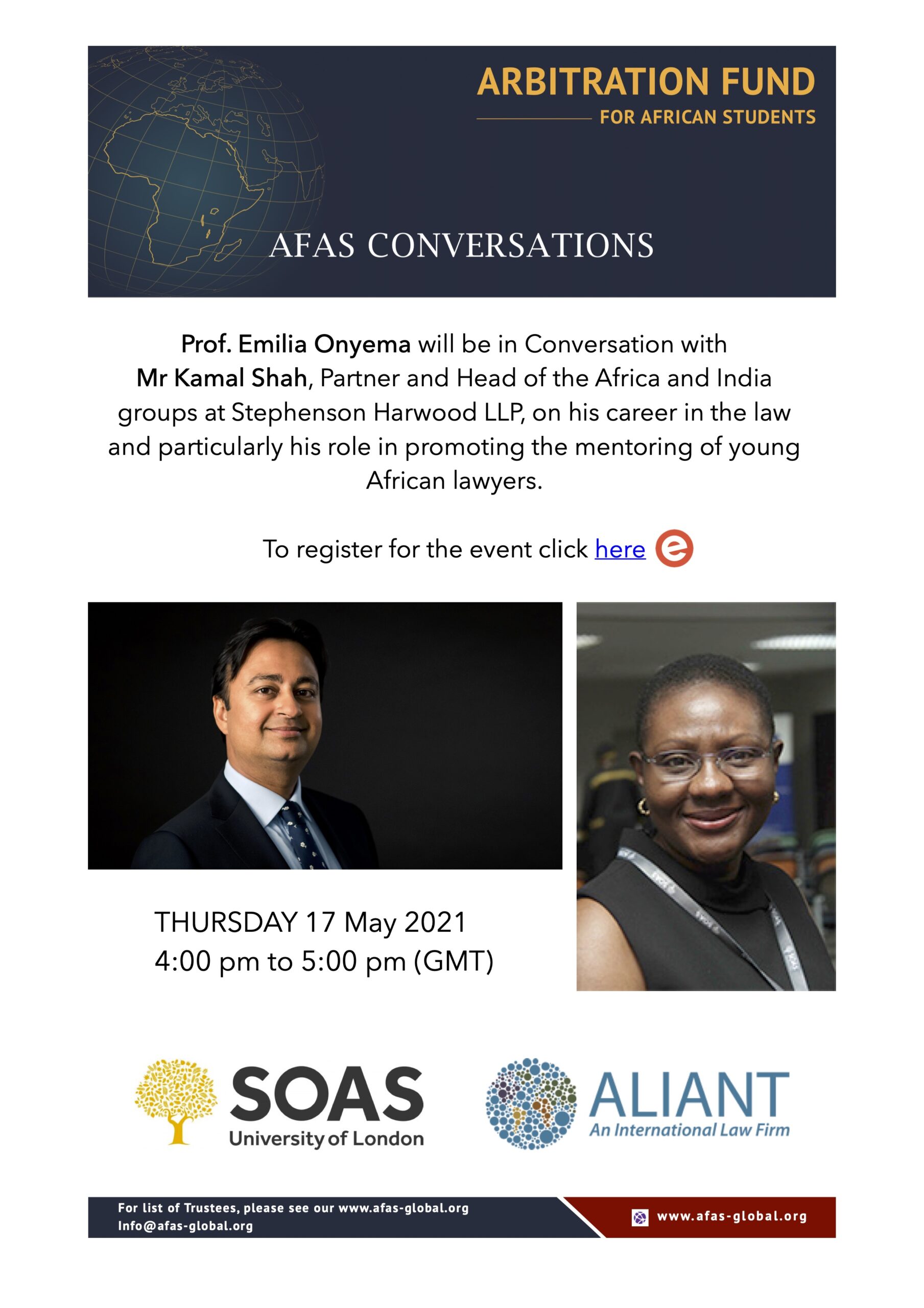 17 May: Prof. Emilia Onyema will be in conversation with Mr Kamal Shah, Partner at Stephenson Harwood LLP with focus on mentoring.