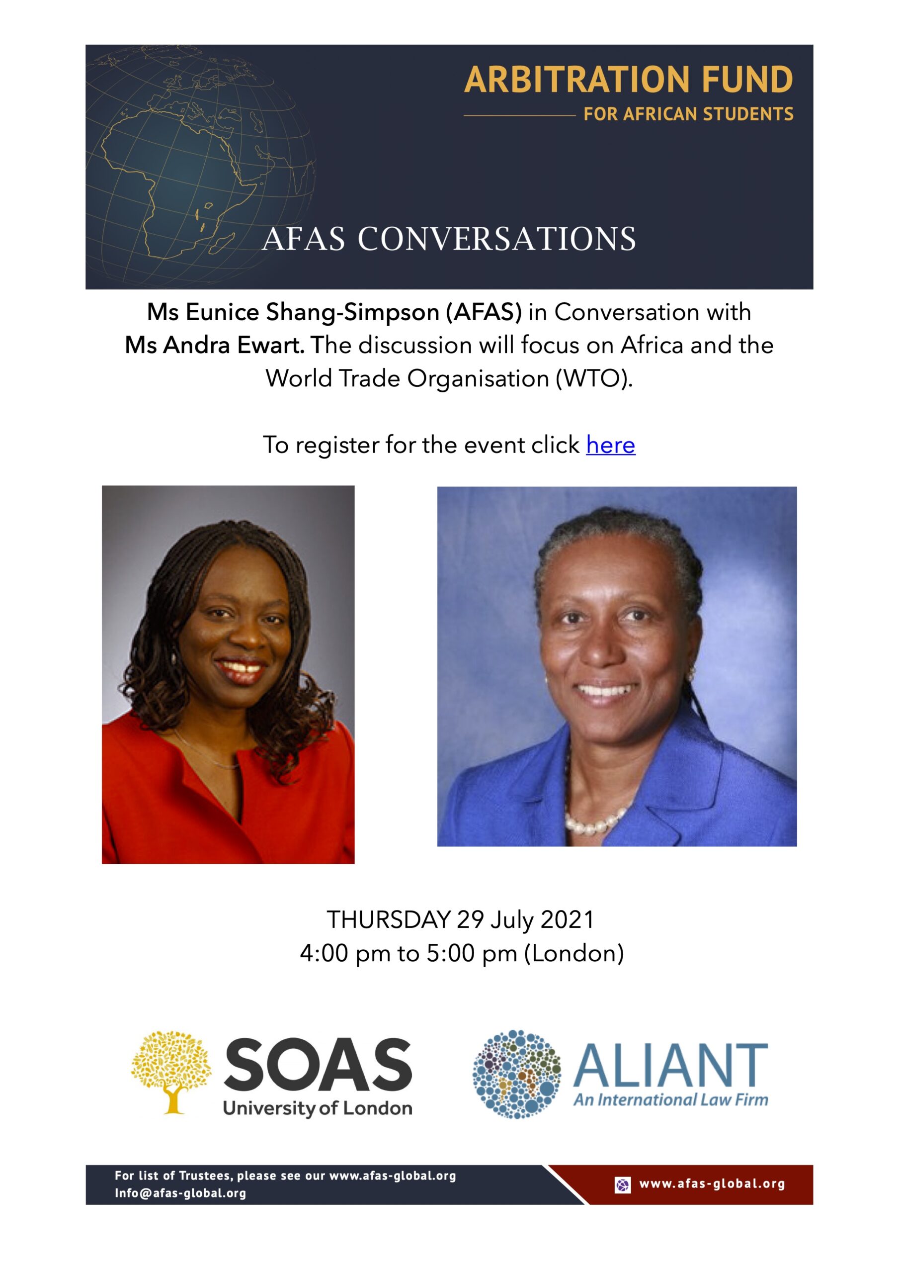 29 July: Ms Eunice Shang-Simpson will be in conversation with Ms Andrea Ewart on the WTO and Africa.