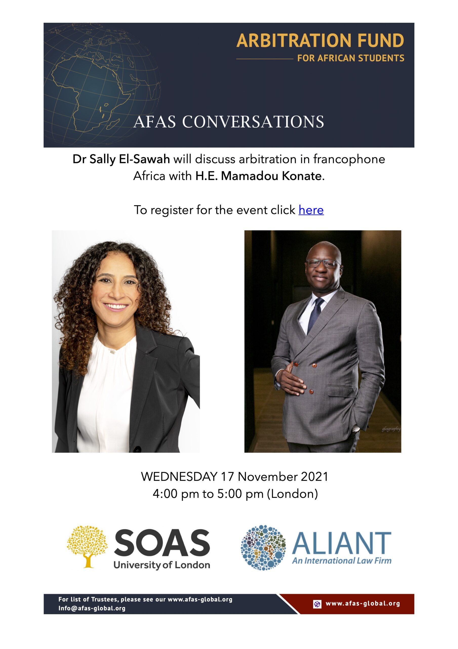 17 November: Dr Sally El Sawah will be in conversation with Mamadou Konate on arbitration in francophone Africa.