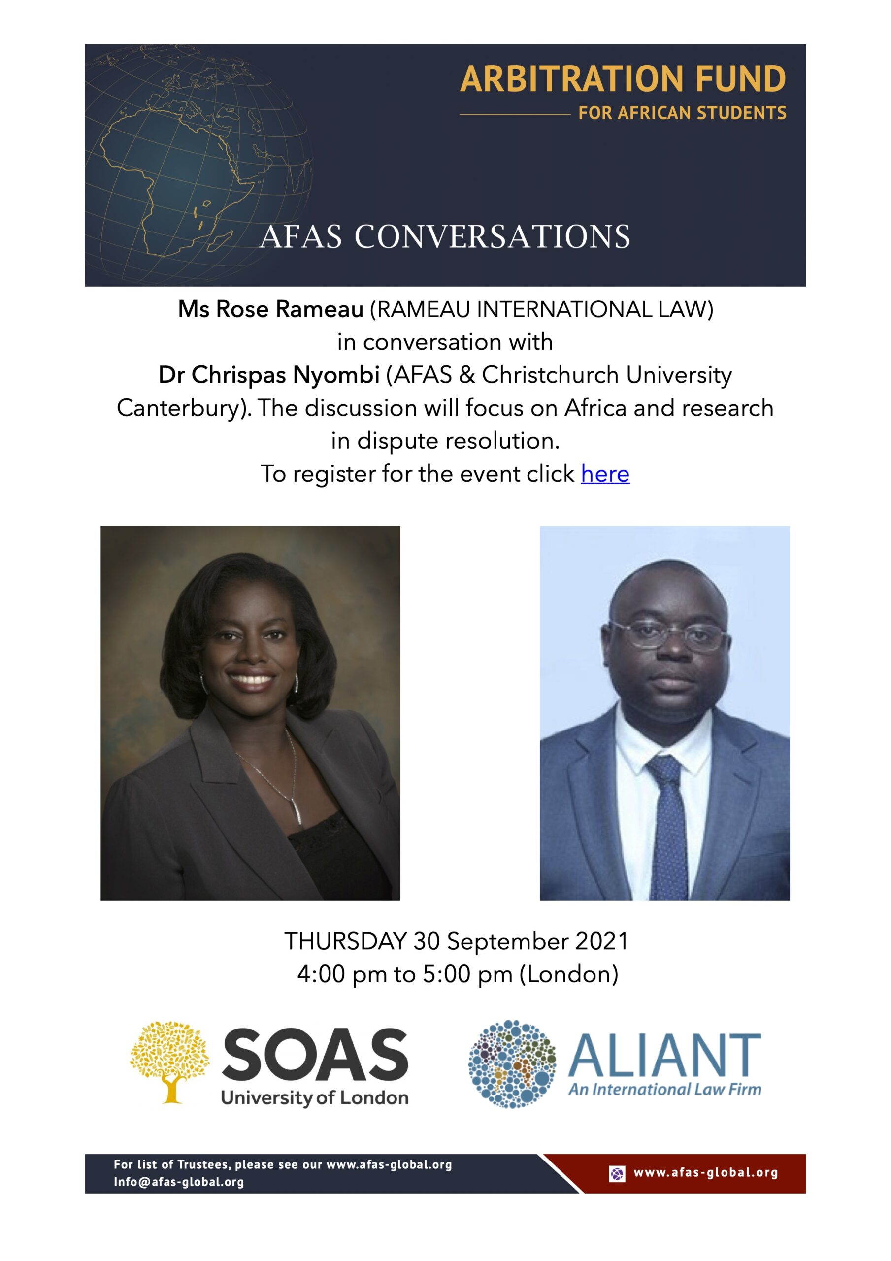 September 30th: Ms Rose Rameau will be in conversation with Dr Chrispas Nyombi of Christchurch University on PhD research and its relevance to Africa.